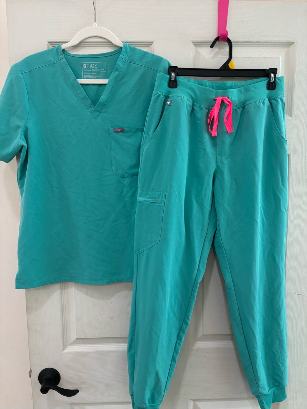 Figs Teal Jogger Scrub Pants with Pink Drawstring